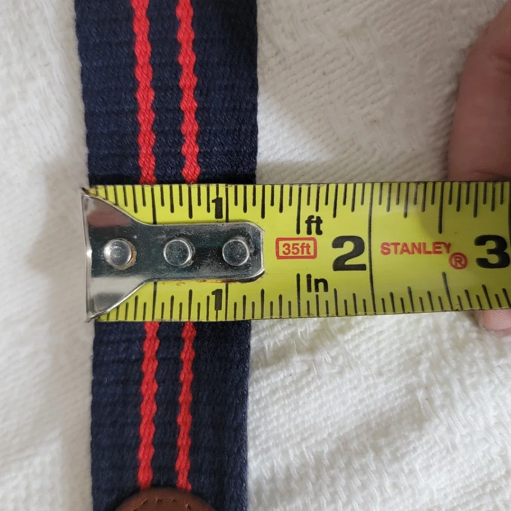 Mens Navy Red Striped Canvas Leather Belt Brass Italy Buckle Size 36 Preppy